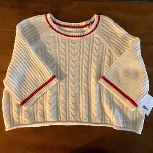 Sugar Moon Cream Cable Knit Sweater Red‎ Trim Cropped Bell Sleeve Womens L